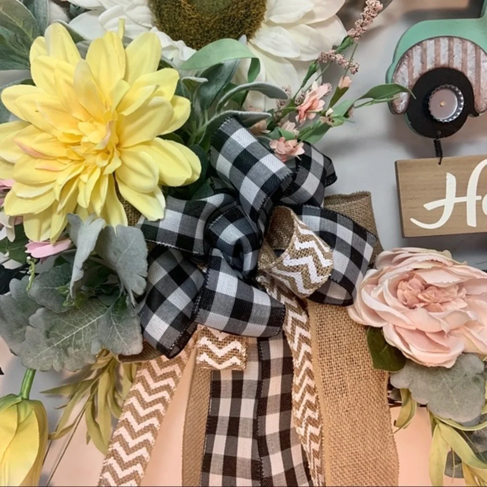 New Designer Floral Spring Easter Truck Farmhouse Plaid Burlap Wreath